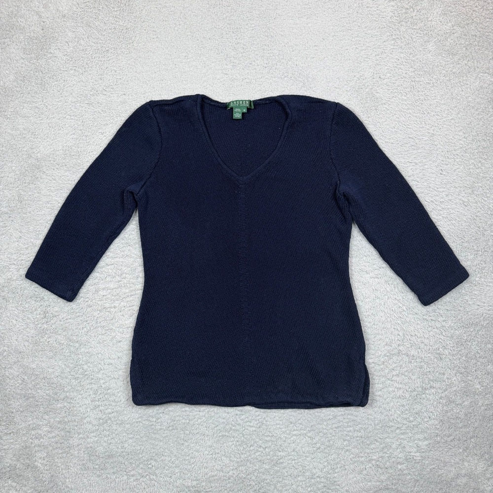 Lauren Ralph Lauren Navy Blue V-Neck Mercerized Cotton Knit Sweater 3/4 Sleeve M